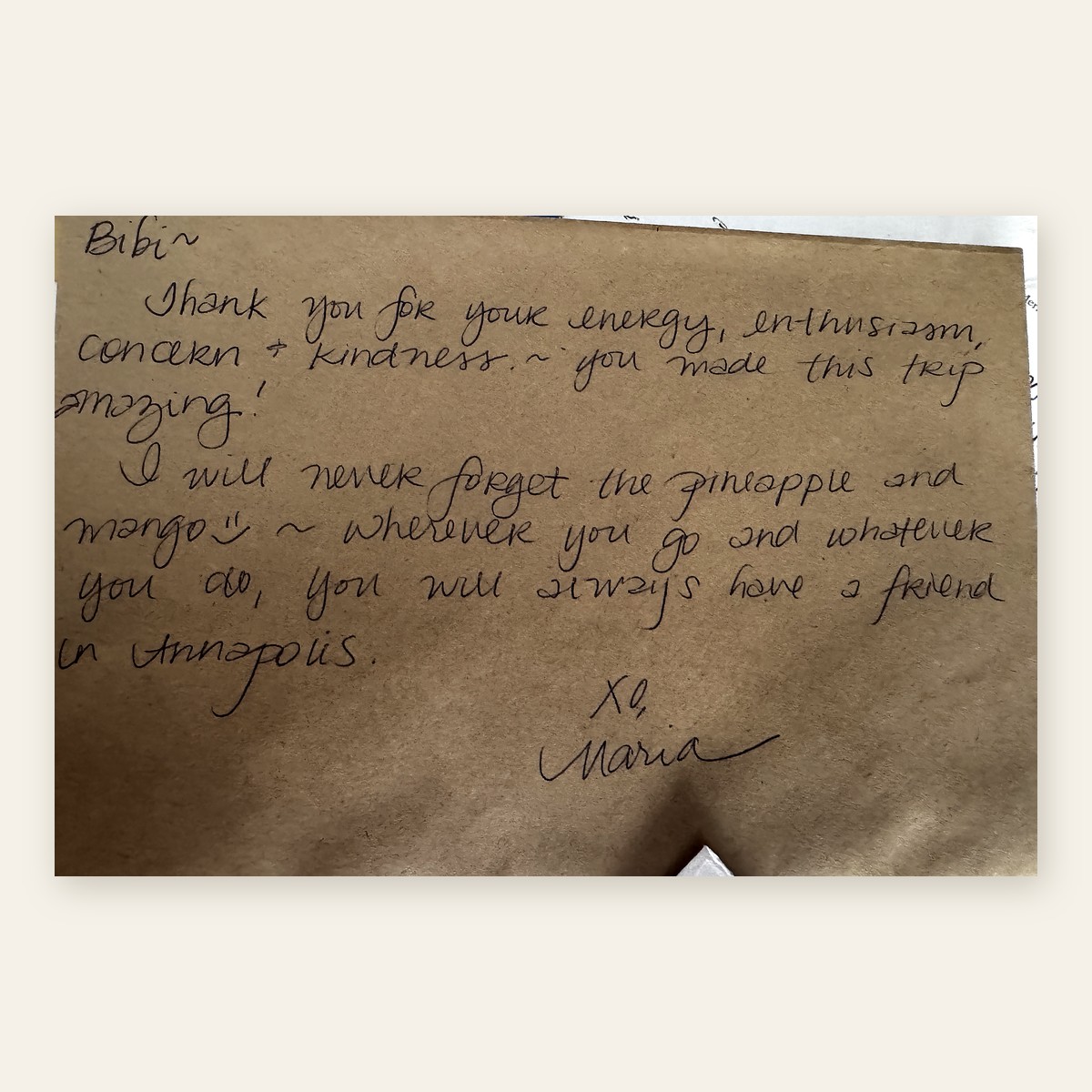 A handwritten thank-you note from a guest.