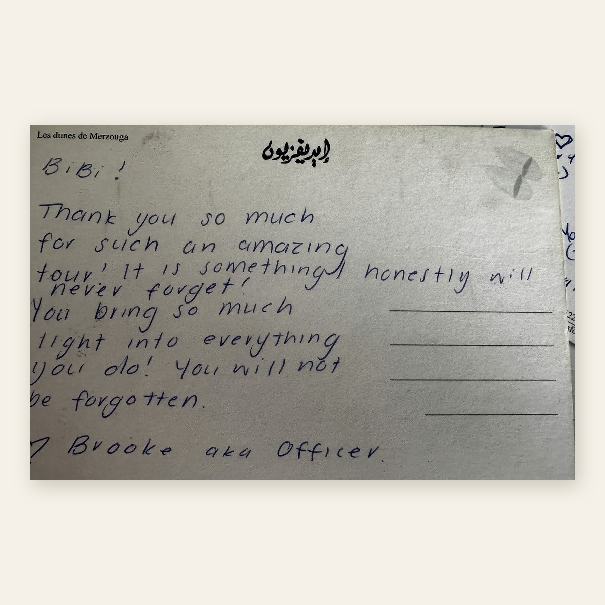 A handwritten thank-you note from a guest.