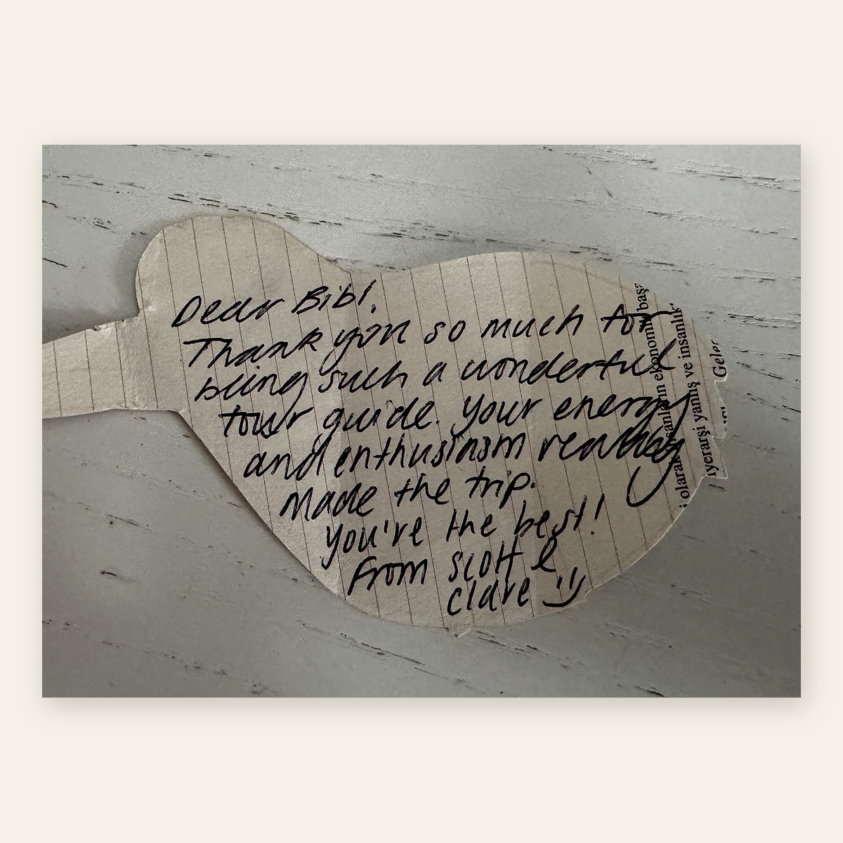 A handwritten thank-you note from a guest.