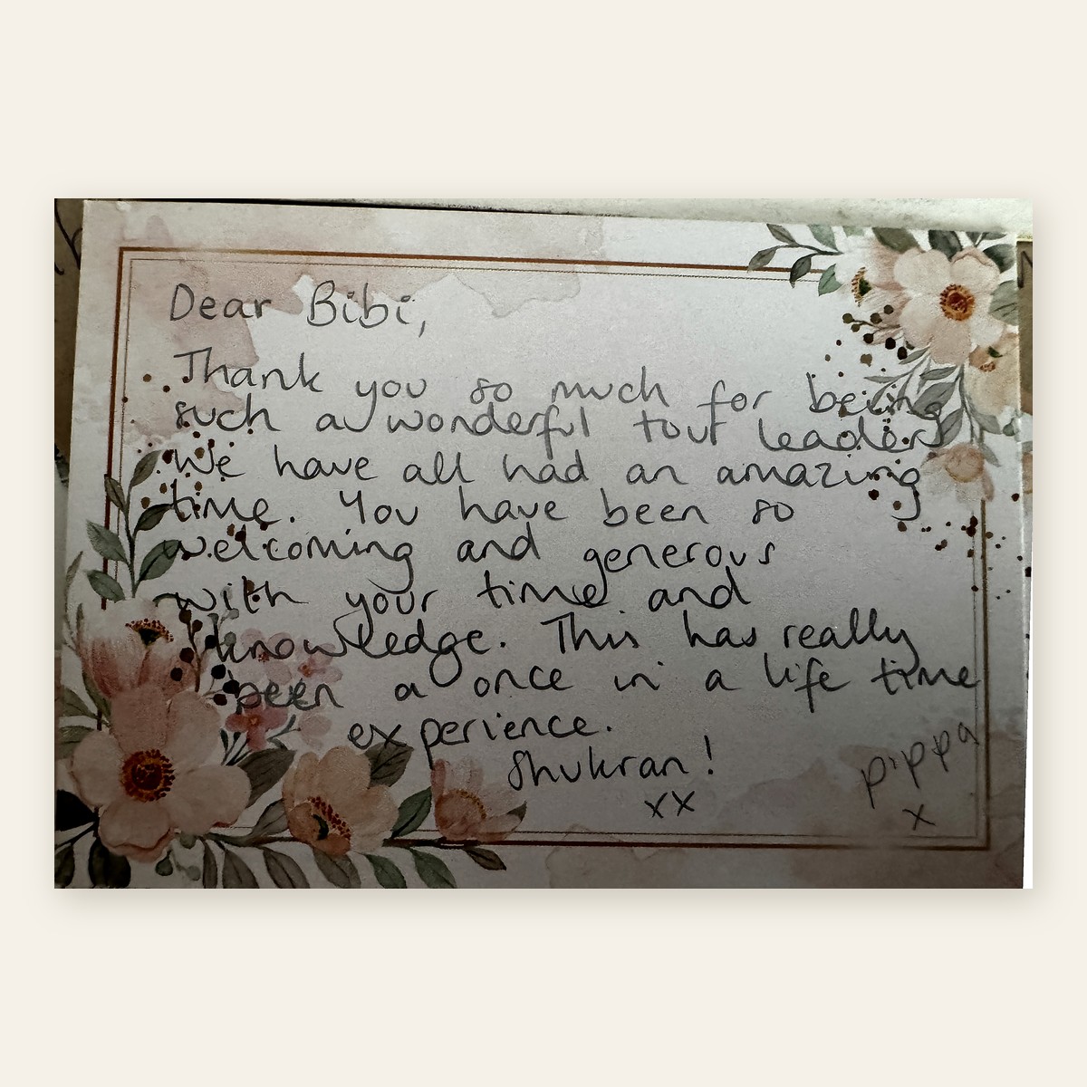 A handwritten thank-you note from a guest.