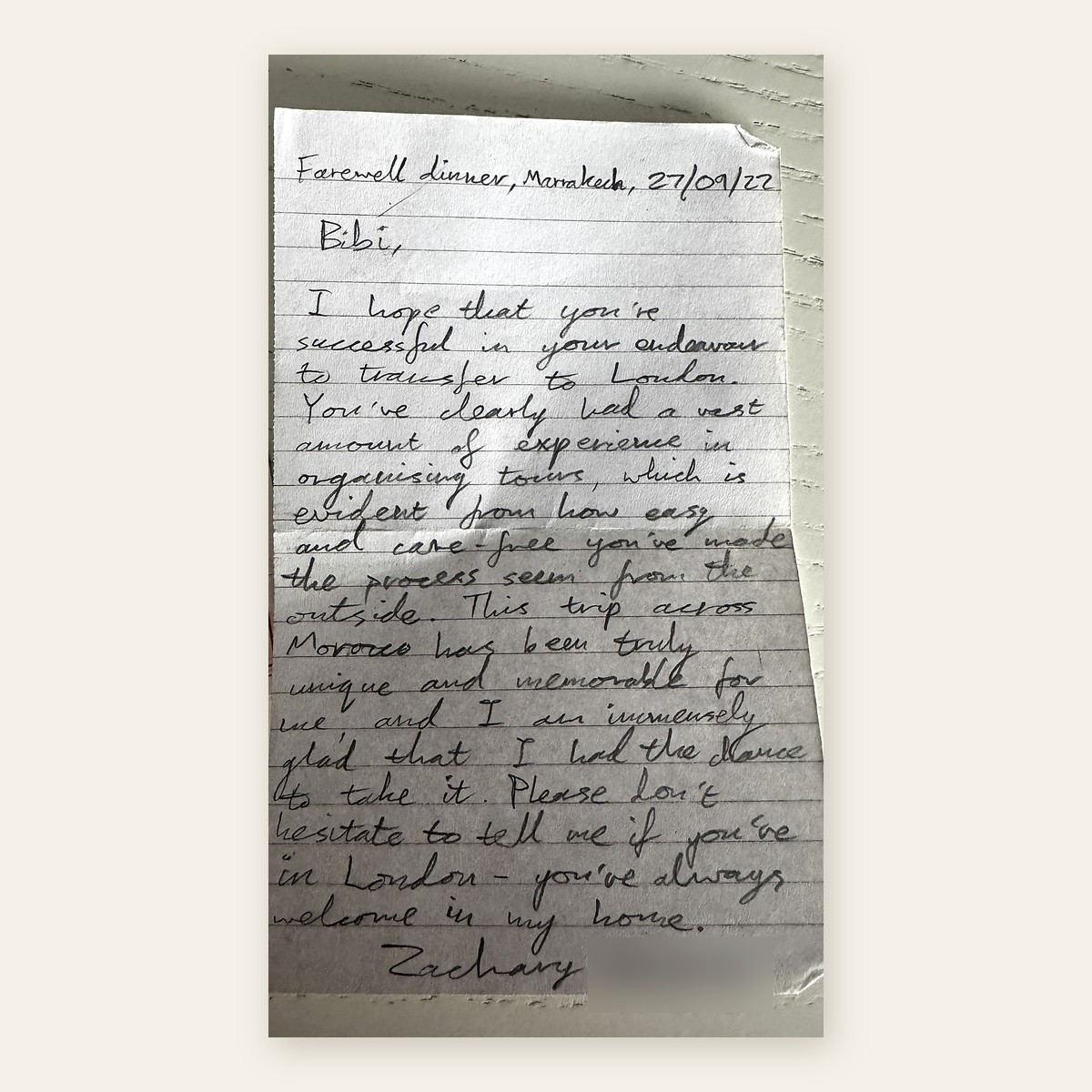 A handwritten thank-you note from a guest.