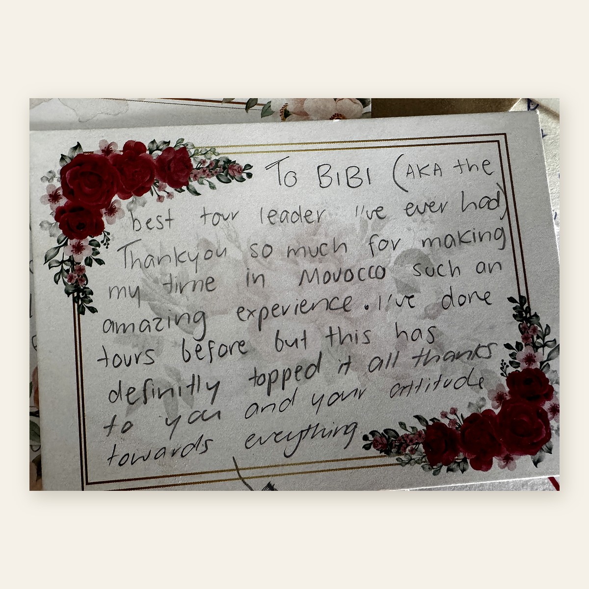 A handwritten thank-you note from a guest.