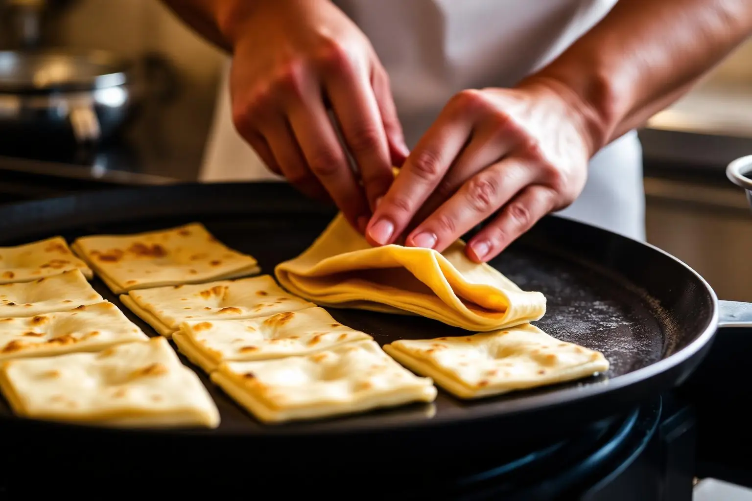 Hands stretching and folding msemen dough