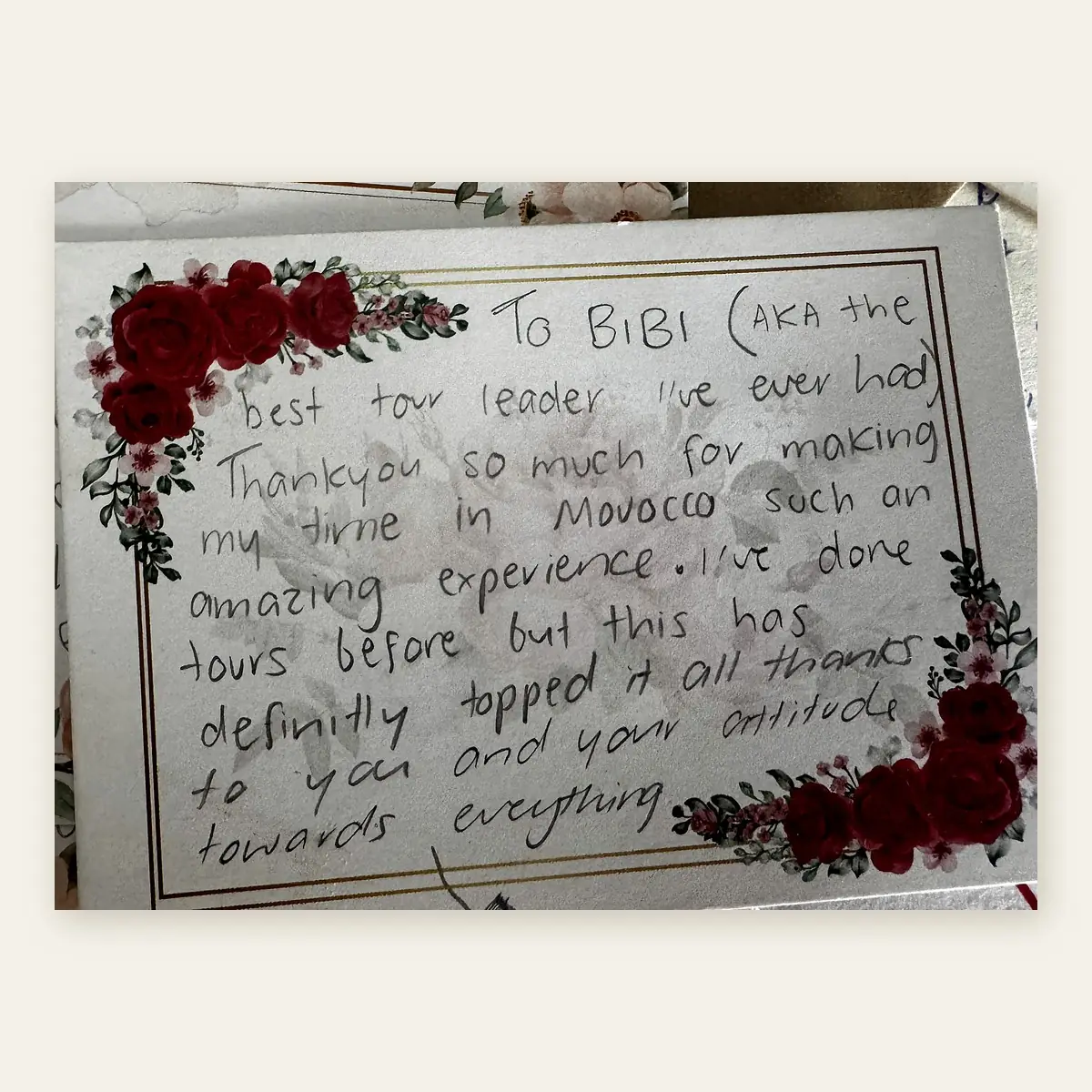 A handwritten thank-you note from a guest.
