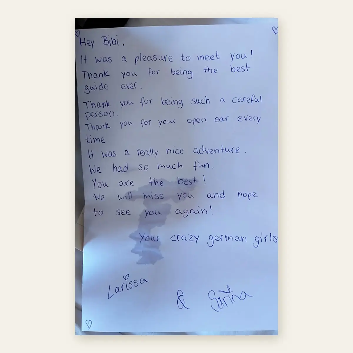 A handwritten thank-you note from a guest.