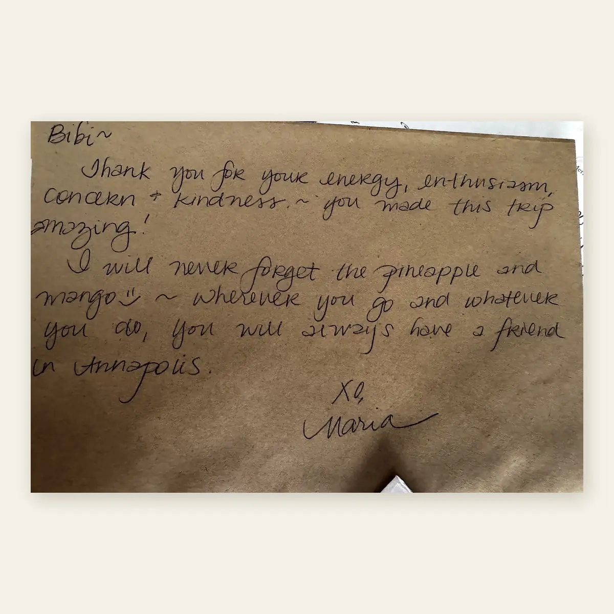 A handwritten thank-you note from a guest.