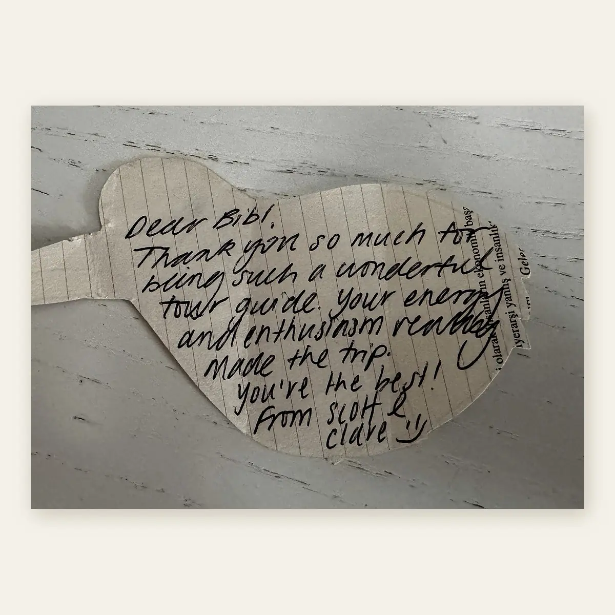 A handwritten thank-you note from a guest.